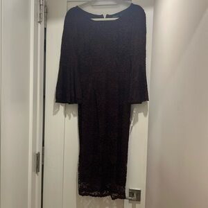 Burgundy lace pencil knee length dress with bell sleeves